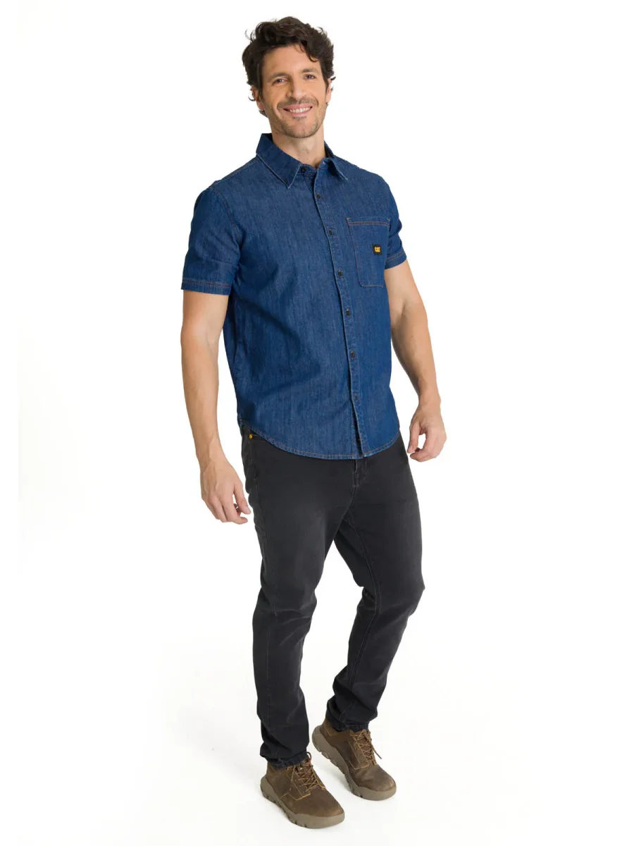 Camisa Manga Corta Hombre Denim Azul CAT - Imagen 6